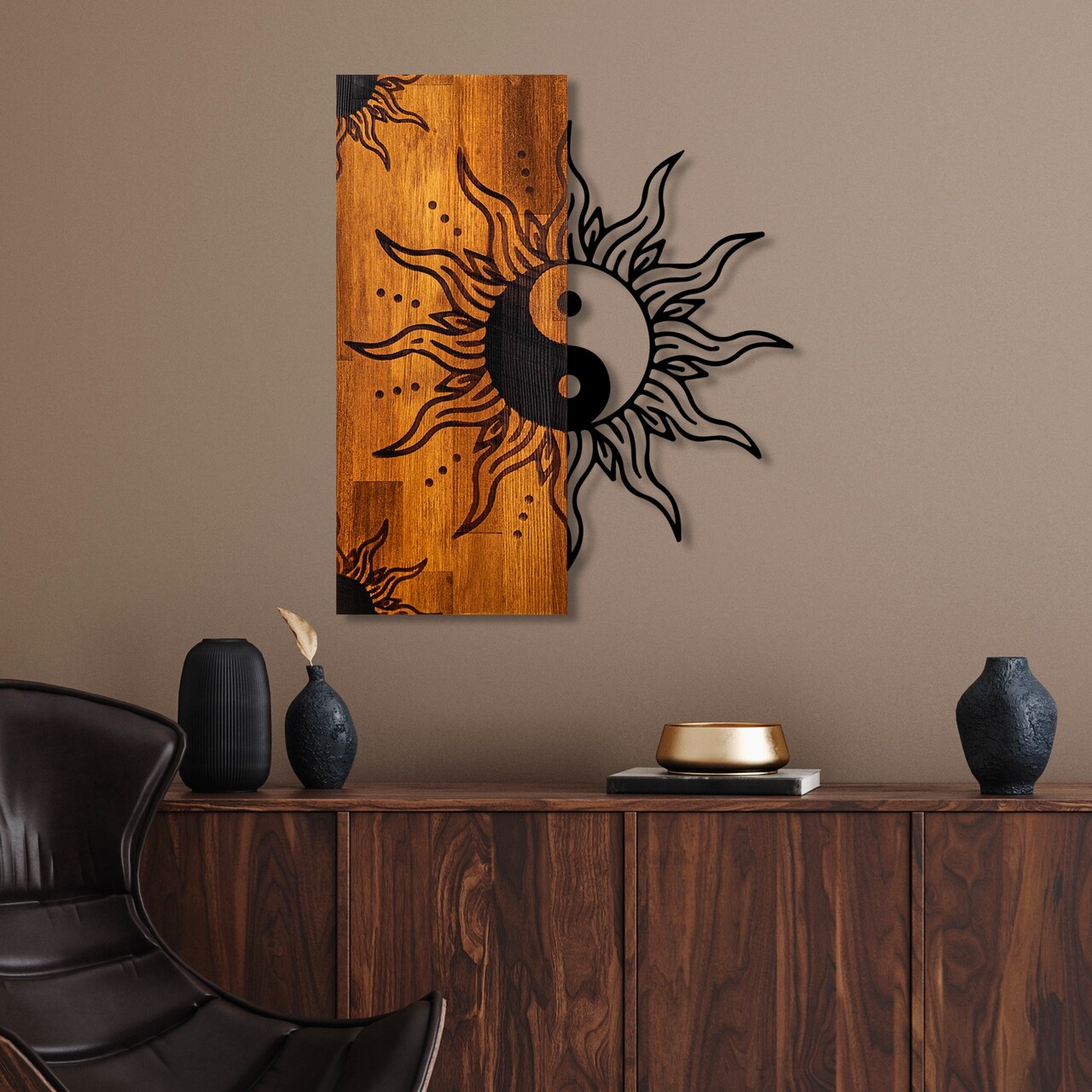 Decoratiune de perete, Yin Yang, Lățime: 50 cm Înălțime: 58 cm Adâncime: 3 cm, Nuc / Negru - view 2