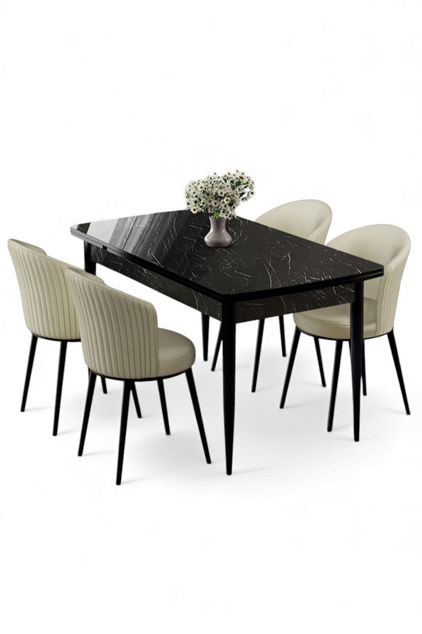 Set masa extensibila si scaune, Hanah Home, Asfel, Marmură neagră / Crem - view 2