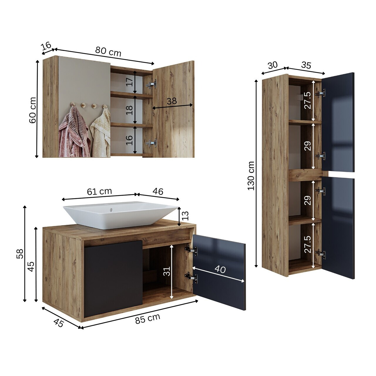 Set Dulap de Baie cu Chiuvetă și Oglindă (3 Piese), Hanah Home, 1701, MDF-LAM, Pin Atlantic / Antracit — imaginea 7