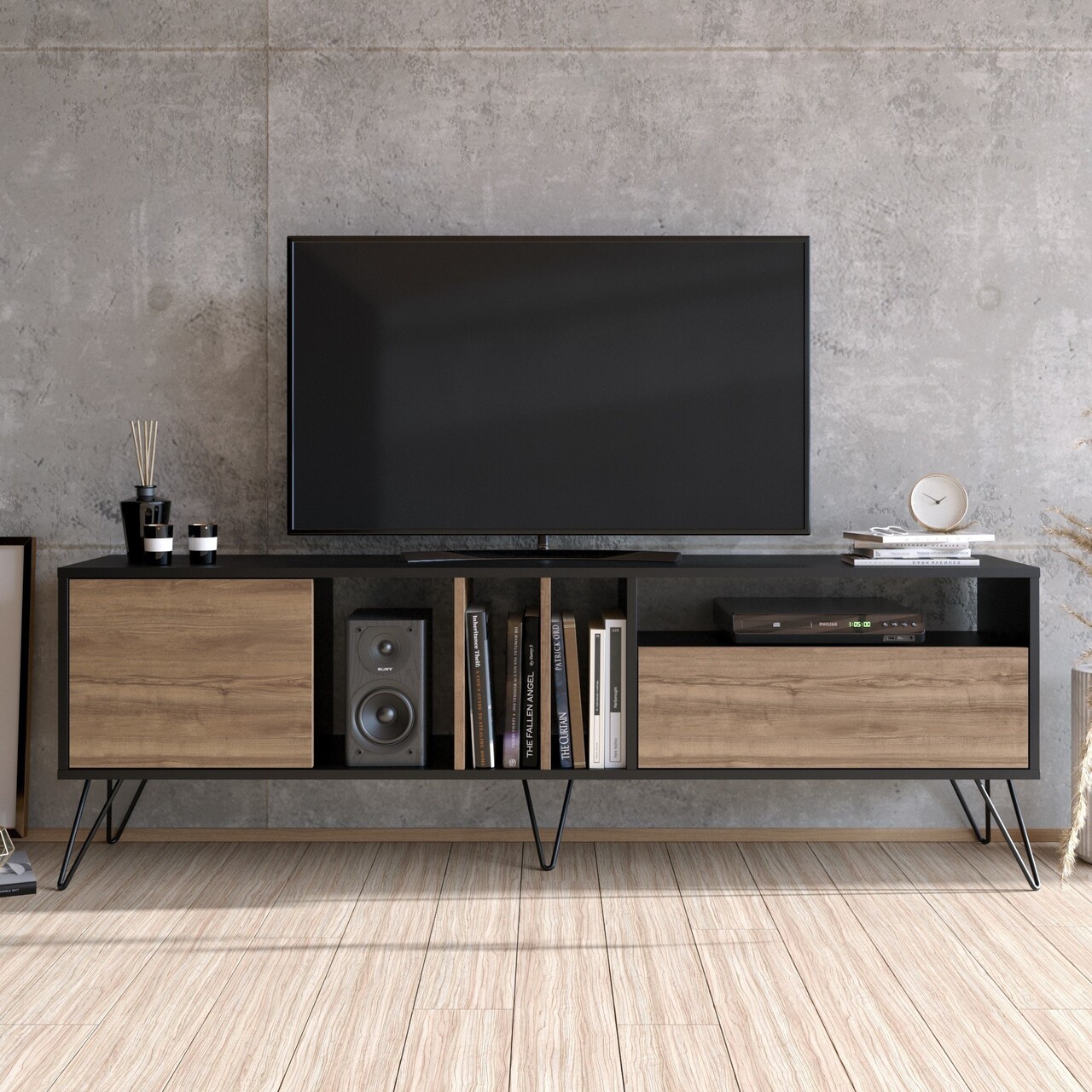 Comoda TV Mistico Walnut, Zena Home, 180x35.5x58.7 Cm, Maro/negru