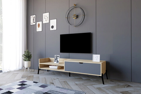 Comoda TV, Puqa Design, Trezza, 160x36x40cm, 100% PAL melaminat, Stejar safir / Antracit