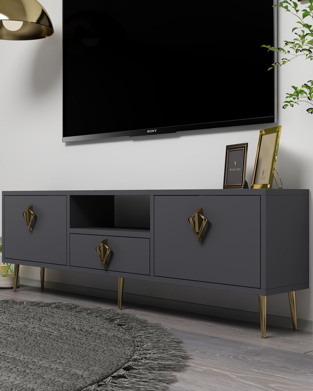 Comoda TV, Hanah Home, 1313-DROP-32, 140x45x30 cm, PAL , Antracit / Aur - view 2