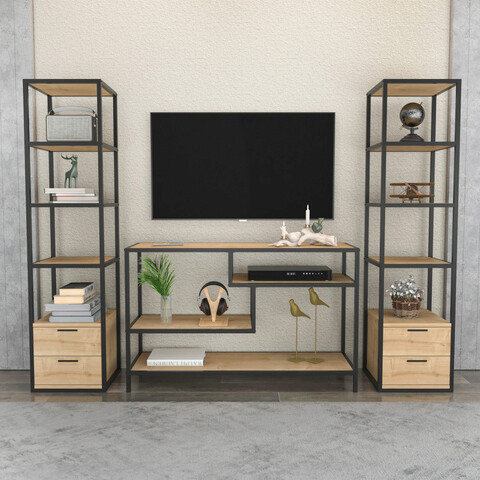 Comoda TV, Retricy, Robbins, 198x39x160 cm, PAL, Negru / Stejar mezoni.ro