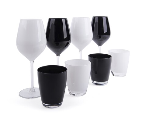 Set pahare vin si apa 8 piese Excelsa, 230 ml / 145 ml, sticla, alb/negru