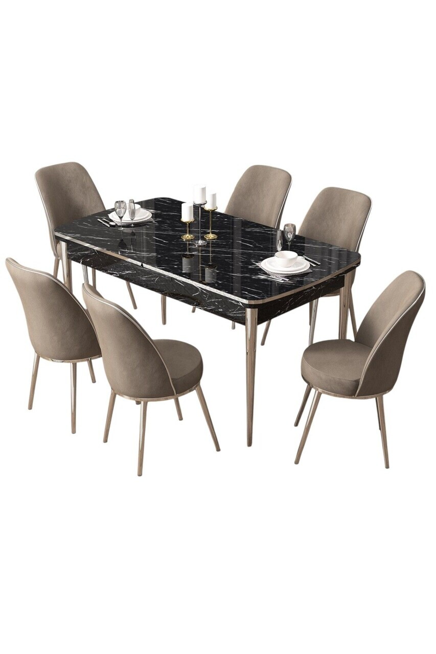Set masa extensibila si scaune (7 piese), Hanah Home, Pale, Model de marmură neagră / Crom / Cappuccino — imaginea 2