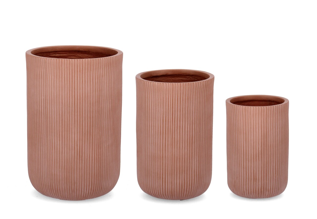 Set Ghivece Pentru Exterior 3 Piese Ribbed, Bizzotto, Ø37.5 X 55.5 Cm, Fibra De Sticla Si Argila, Teracota