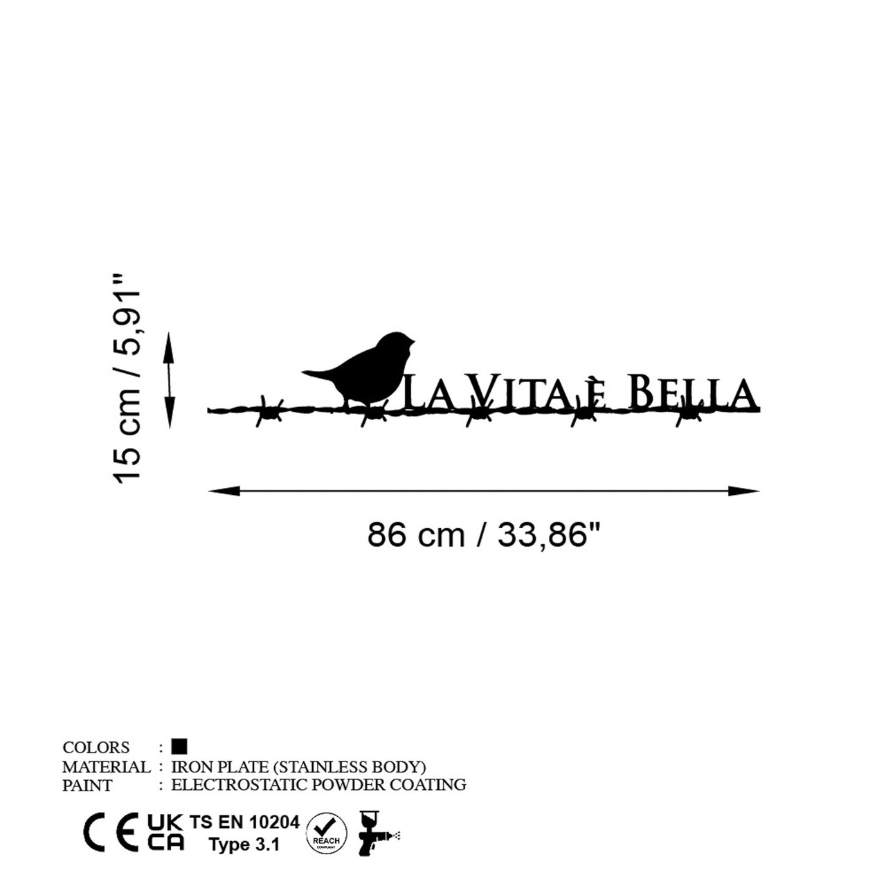 Decoratiune de perete, Vita E Bella 4, Dimensiuni: 86 x 15 cm, Negru - view 6
