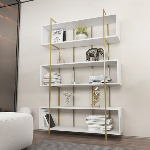 Corp biblioteca, Zena Home, Bruti, 120x180x29.6cm, 100% PAL melaminat, Alb / Aur