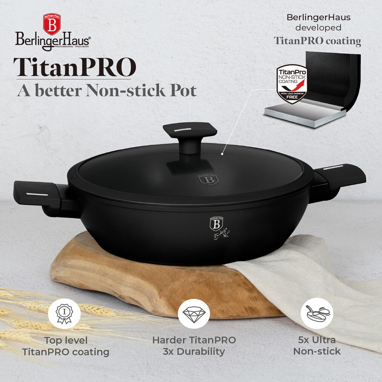 Oala cu capac Berlinger Haus, Matte Black, 28 cm, 3.8 L, aluminiu forjat, negru - imagine 10