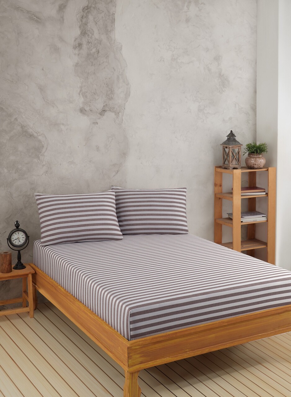 Set de pat pentru o persoana (cearceaf cu elastic si perna) 2 piese, Water Yollu Saten - Brown, EnLora Home, 70% bumbac/30% poliester