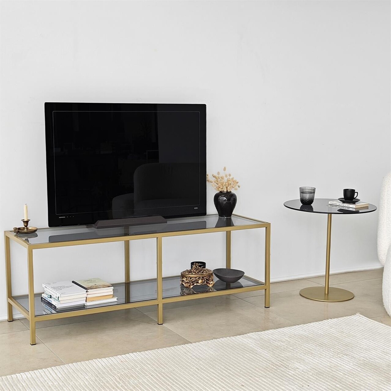 Comoda TV, Neostill, Basic, 130x45x40 cm, Sticla temperata, Gri inchis/Auriu - 2 | YEO