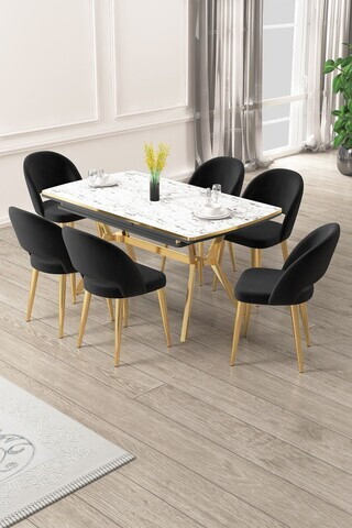 Set masa extensibila si scaune (7 piese), Hanah Home, Weps, Model de marmură albă / Auriu / Negru