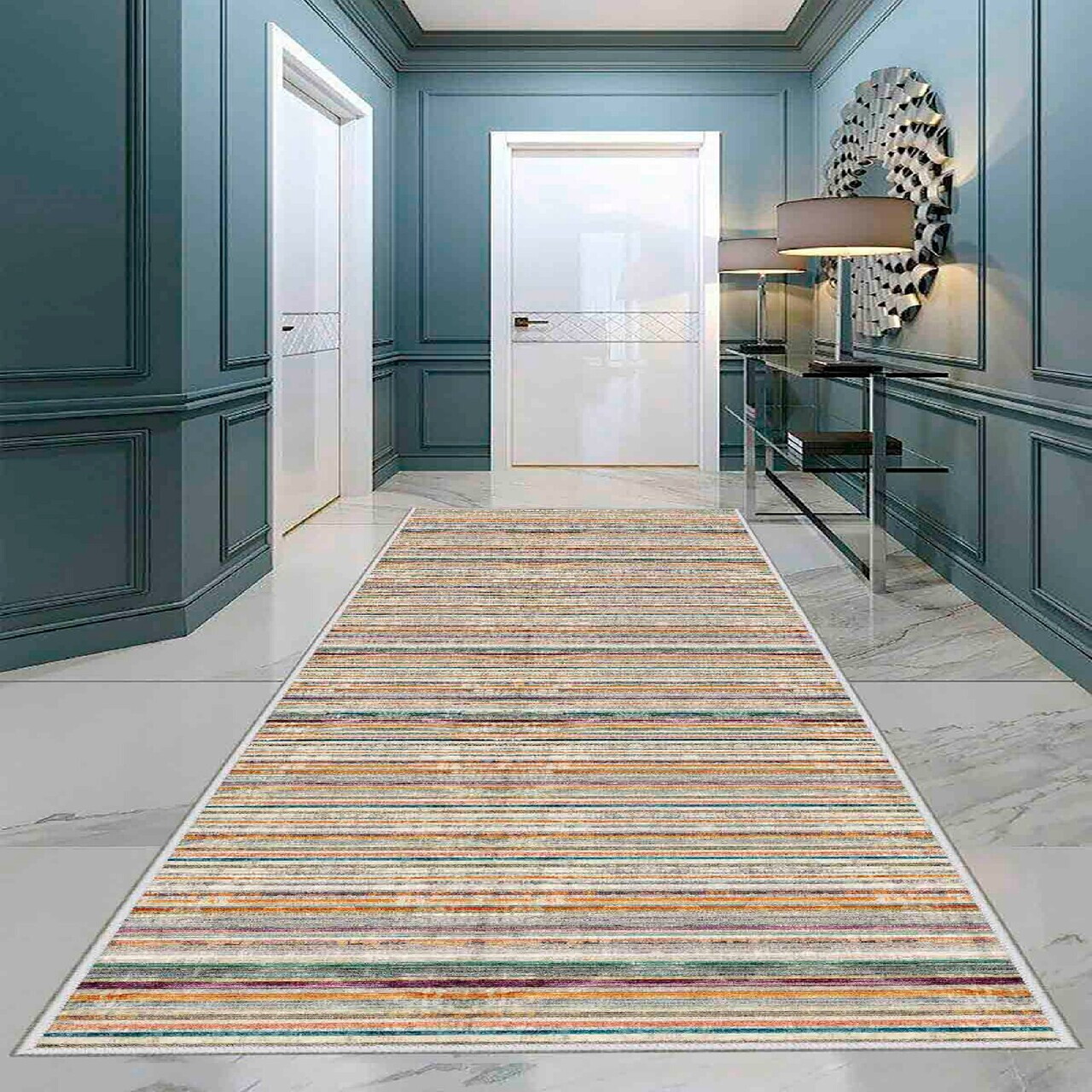 Covor Wooylk0019 100x400 cm Poliester Alb / Portocaliu / Verde / Galben / Albastru