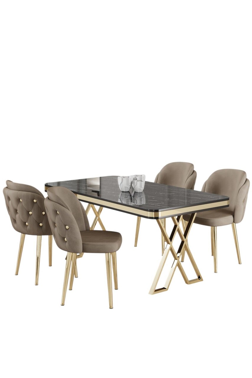 Set masă și scaune (5 bucăți), Hanah Home, Rigel, Marmură neagră / Auriu / Cappuccino - view 2