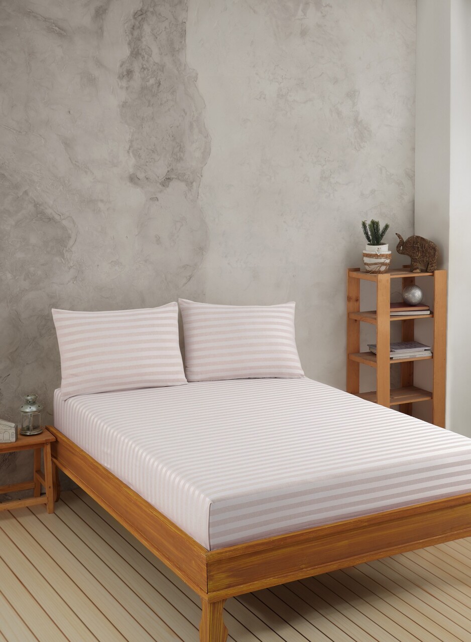 Set de pat pentru o persoana (cearceaf cu elastic si perna) 2 piese, Water Yollu Saten - Beige, EnLora Home, 70% bumbac/30% poliester