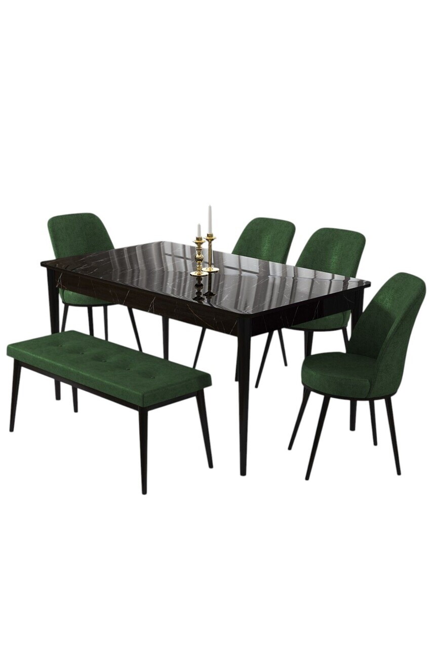 Set masa si 6 scaune, Hanah Home, Pir, Model de marmură neagră / Verde kaki — imaginea 2