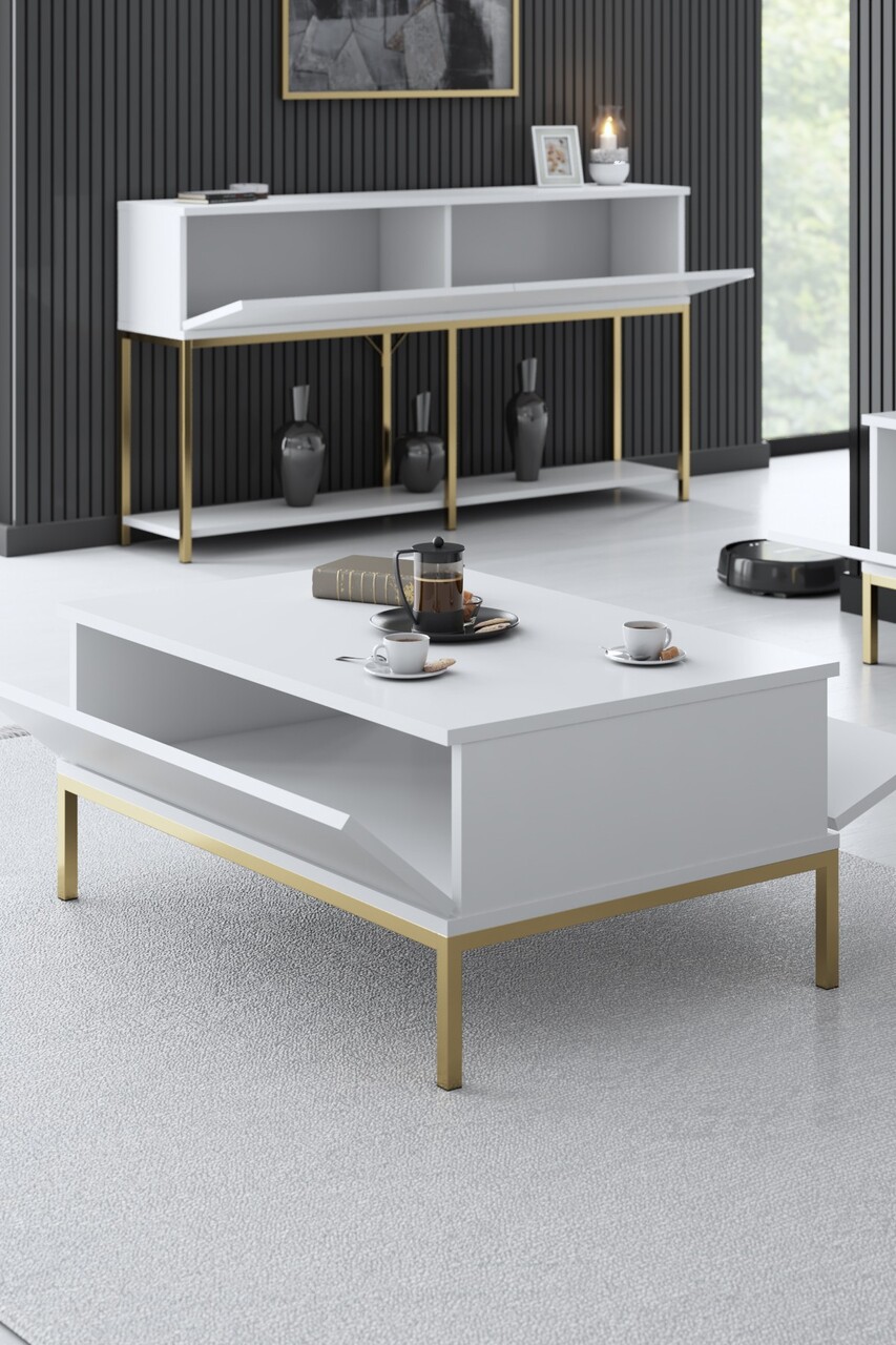 Masuta de cafea, Bexley, Lord, 90x40x60 cm, PAL, Alb/Auriu - 1 | YEO