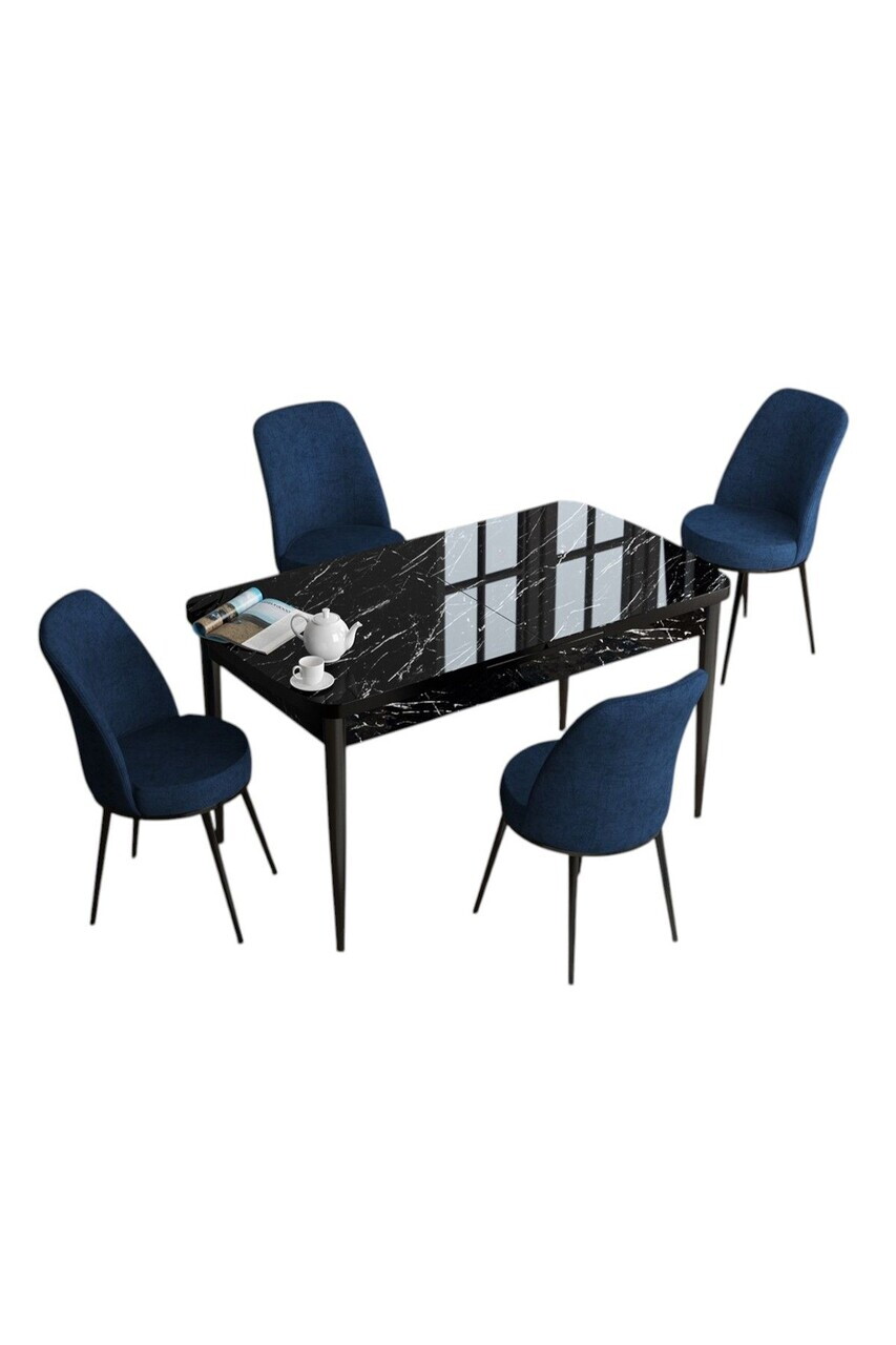 Set masa extensibila si scaune (5 piese), Hanah Home, Han, Model de marmură neagră / Bleumarin — imaginea 2