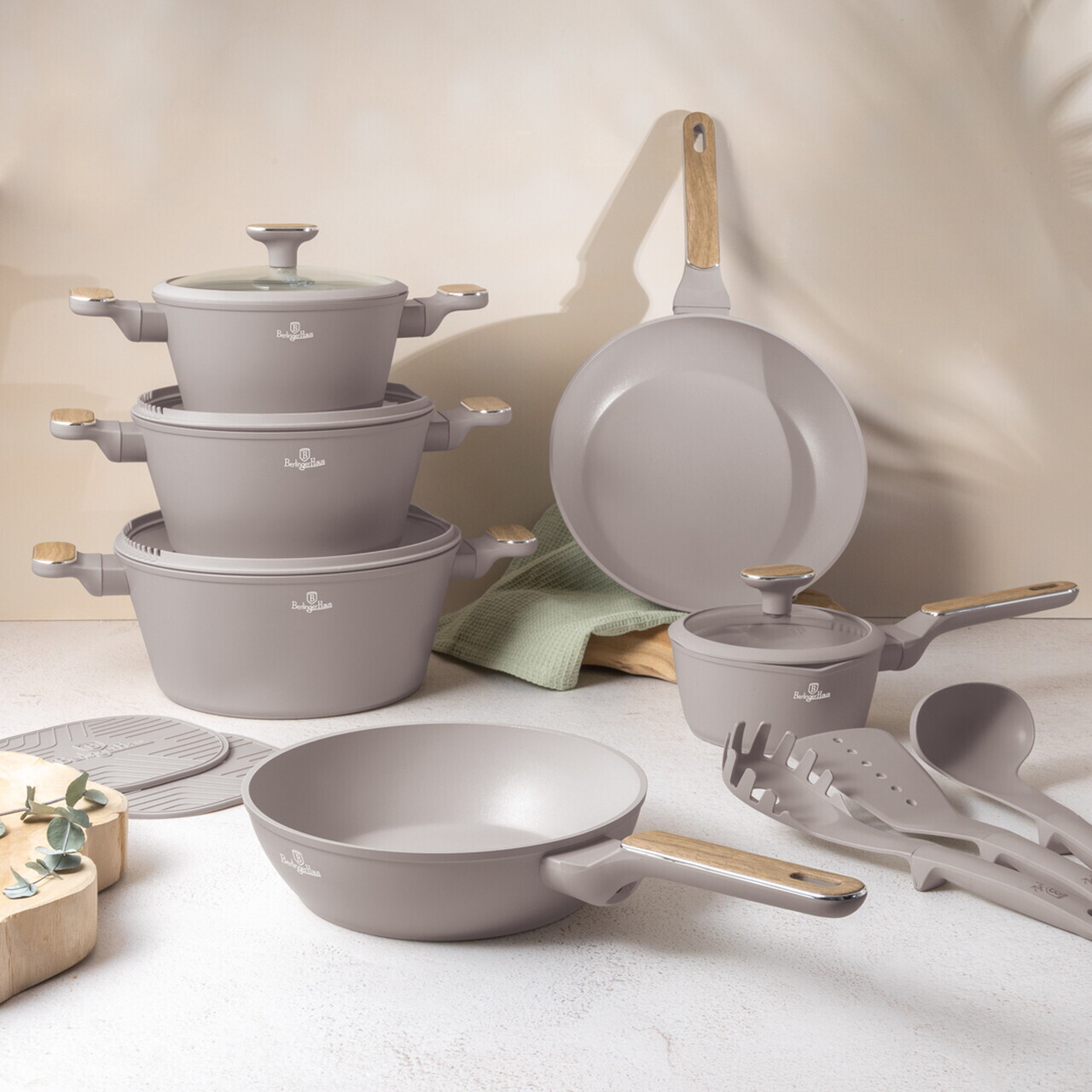 Set pentru gatit Berlinger Haus, Taupe Nordic, 15 piese, aluminiu forjat, taupe mat/natur - imagine 15