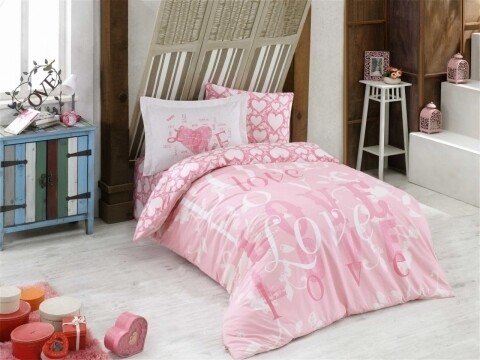 Lenjerie de pat pentru o persoana, 3 piese, 100% bumbac poplin, Hobby, Love, roz /100