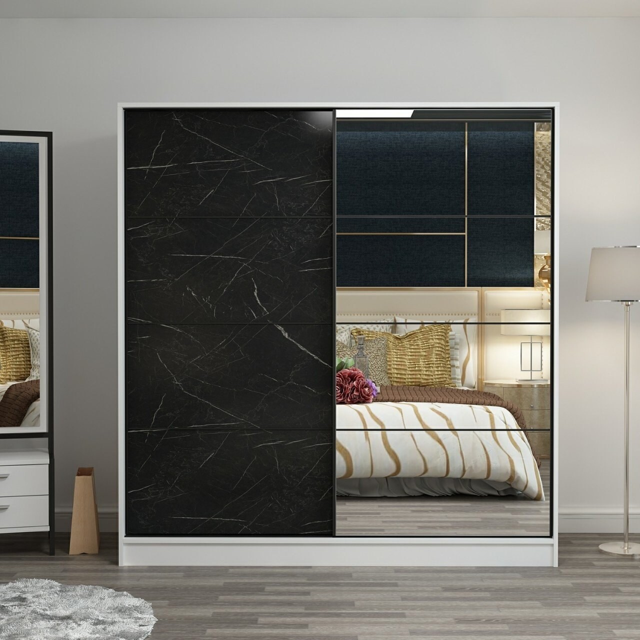 Dulap pentru haine, Minerva, Kale, 180x190x52 cm, PAL, Alb/Negru - 1 | YEO