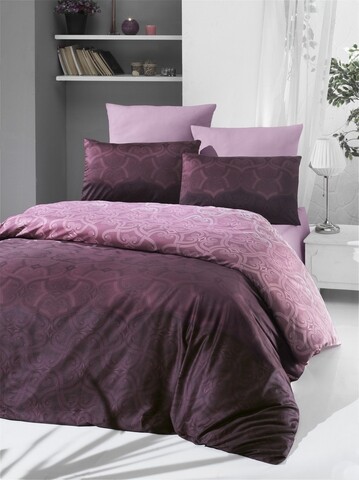 Lenjerie de pat dubla King Size, Victoria, Pandora Rose, 6 piese, 100% bumbac satinat, tesatura Jacquard, roz