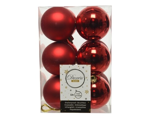 Cutie cu 12 globuri asortate Red Mix, Decoris, Ø6 cm, plastic, rosu