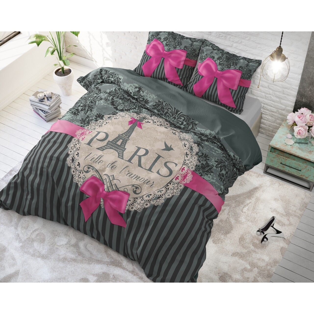 Lenjerie De Pat Pentru Doua Persoane I Love Paris, Royal Textile, 100% Bumbac