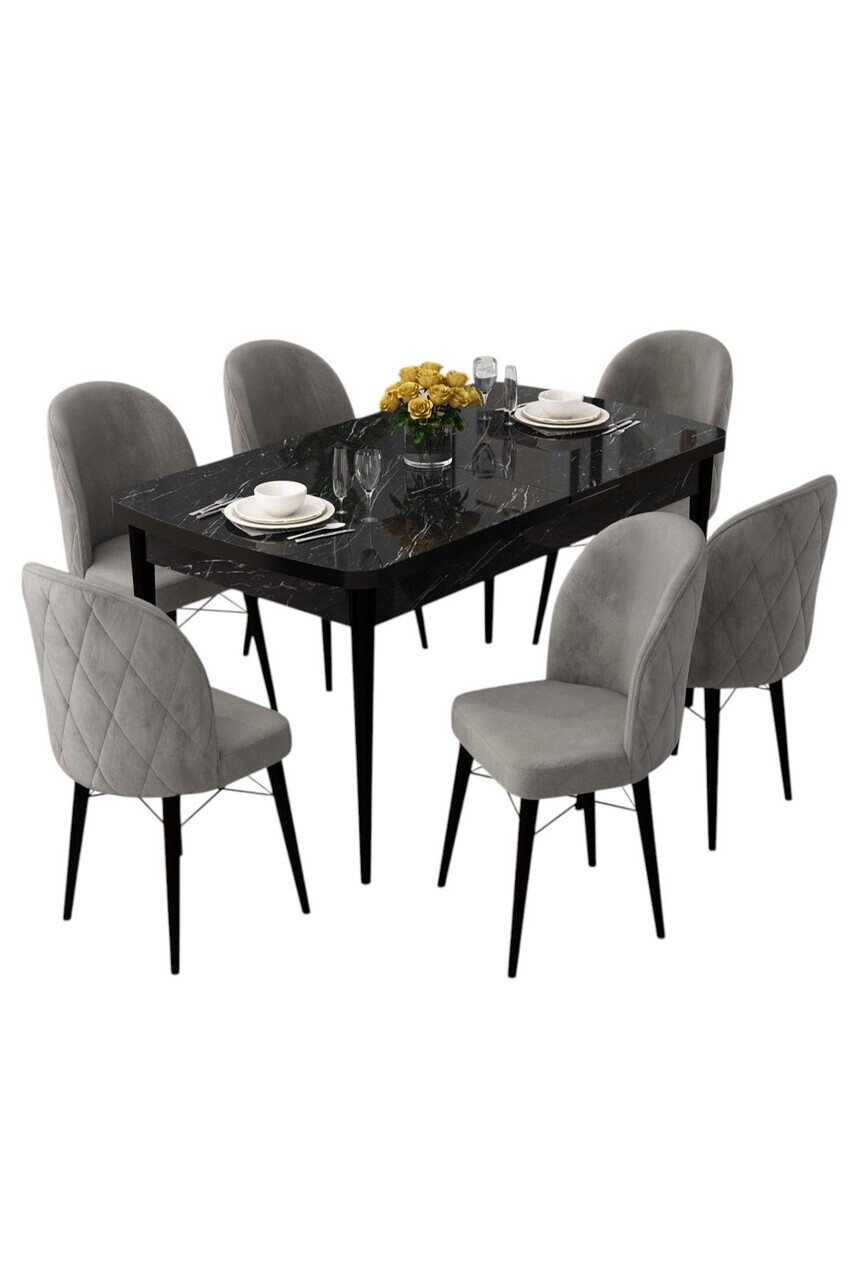 Set masa extensibila si scaune (7 piese), Hanah Home, Rut, Model de marmură neagră / Gri — imaginea 2