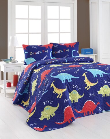 Set cuvertura matlasata dubla 3 piese, Dinazorus - Blue, EnLora Home, 65% bumbac/35% poliester