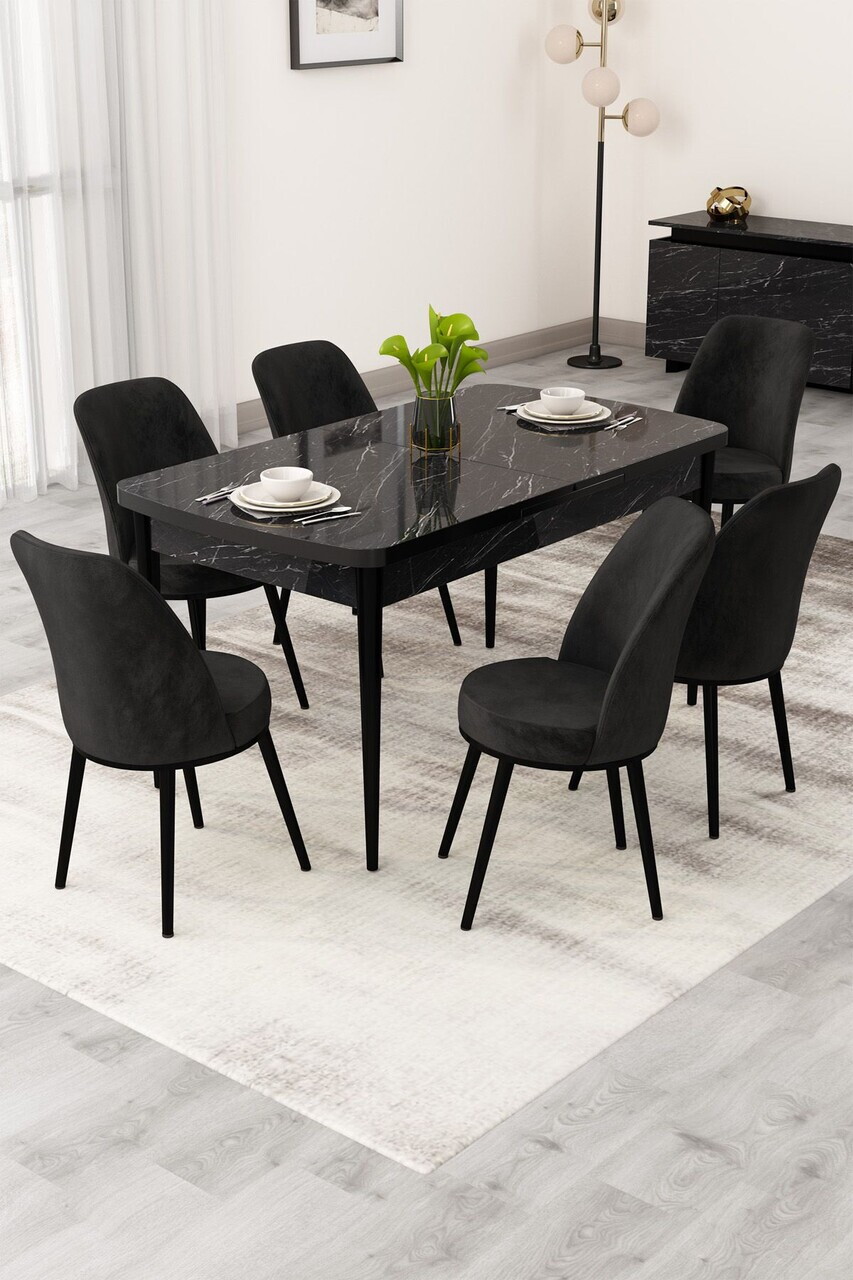 Set masa extensibila si scaune (7 piese), Hanah Home, Rax, Model de marmură neagră / Negru