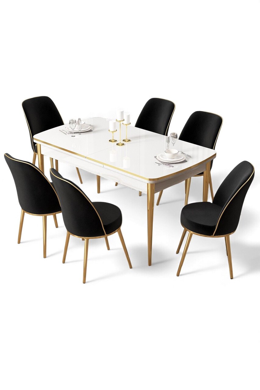 Set masa extensibila si scaune, Hanah Home, Nira, Alb / Auriu / Negru - view 2