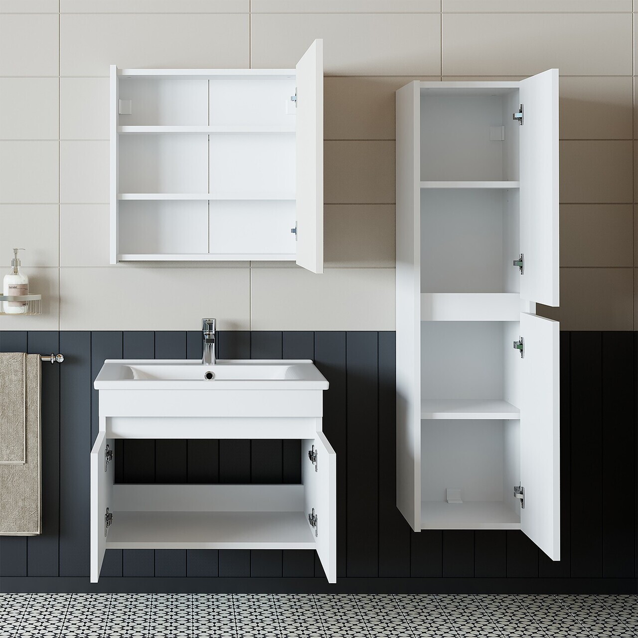 Set Dulap de Baie cu Chiuvetă și Oglindă (3 Piese), Hanah Home, 1323, MDF-LAM, Alb mat — imaginea 4