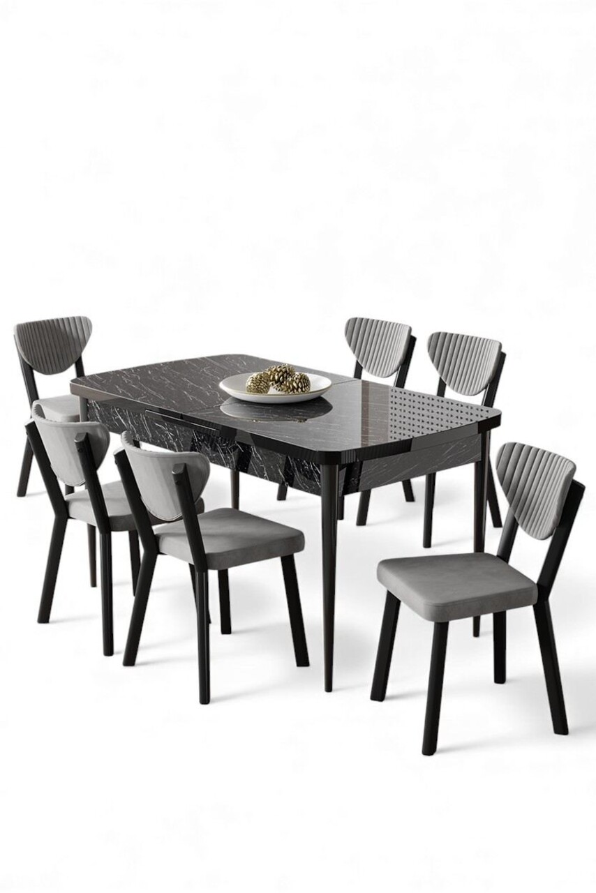Set masa extensibila si scaune, Hanah Home, Exve, Marmură neagră / Gri - view 2