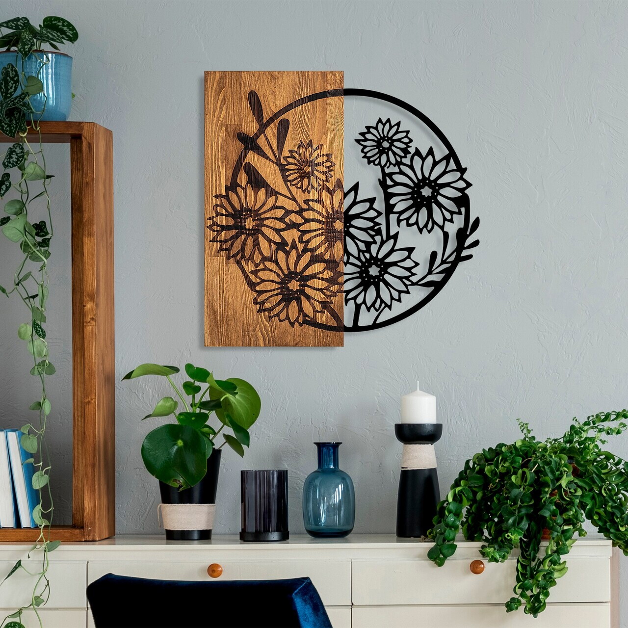 Decoratiune de perete, Flowers 1, Dimensiune: 57 x 57 cm, Nuc / Negru — imaginea 2