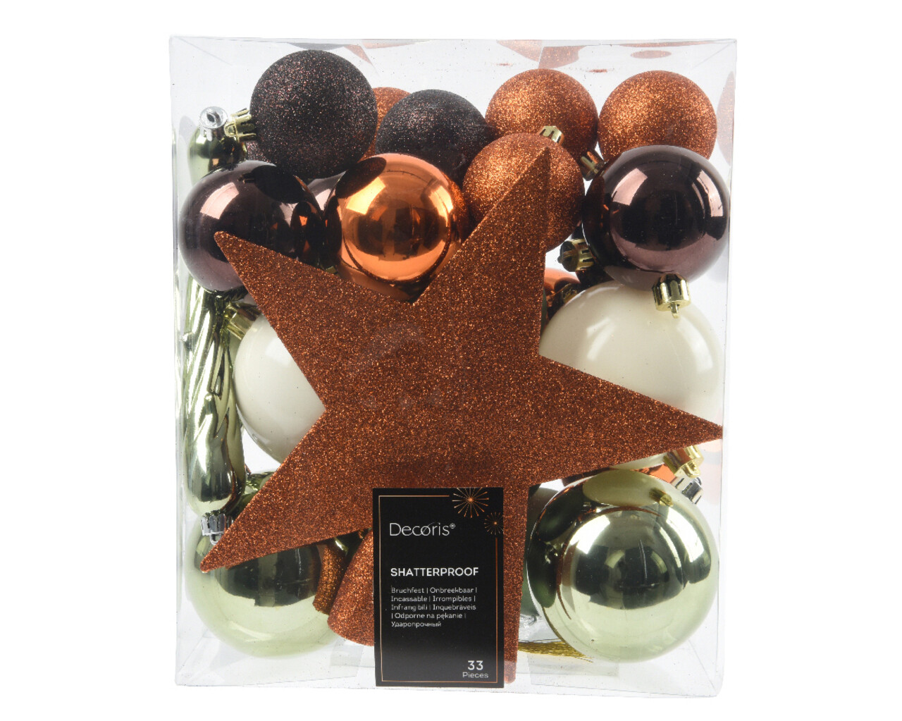Cutie cu 33 globuri asortate si varf de brad Mixed Star Christmas, Decoris, plastic, multicolor