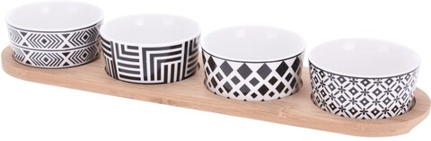 Set 4 boluri pentru gustari si tava dreptunghiulara Geometric, portelan, alb/negru