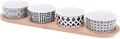Set 4 boluri pentru gustari si tava dreptunghiulara Geometric, portelan, alb/negru