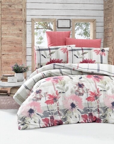 Lenjerie de pat pentru o persoana, Victoria, Vanesa Pink, 3 piese, amestec bumbac, rosu/gri amestec