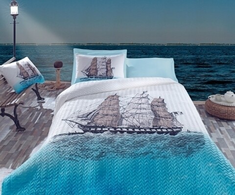 Lenjerie de pat matlasata pentru o persoana, 3 piese, 100% bumbac ranforce, Cotton Box, Ship Blue