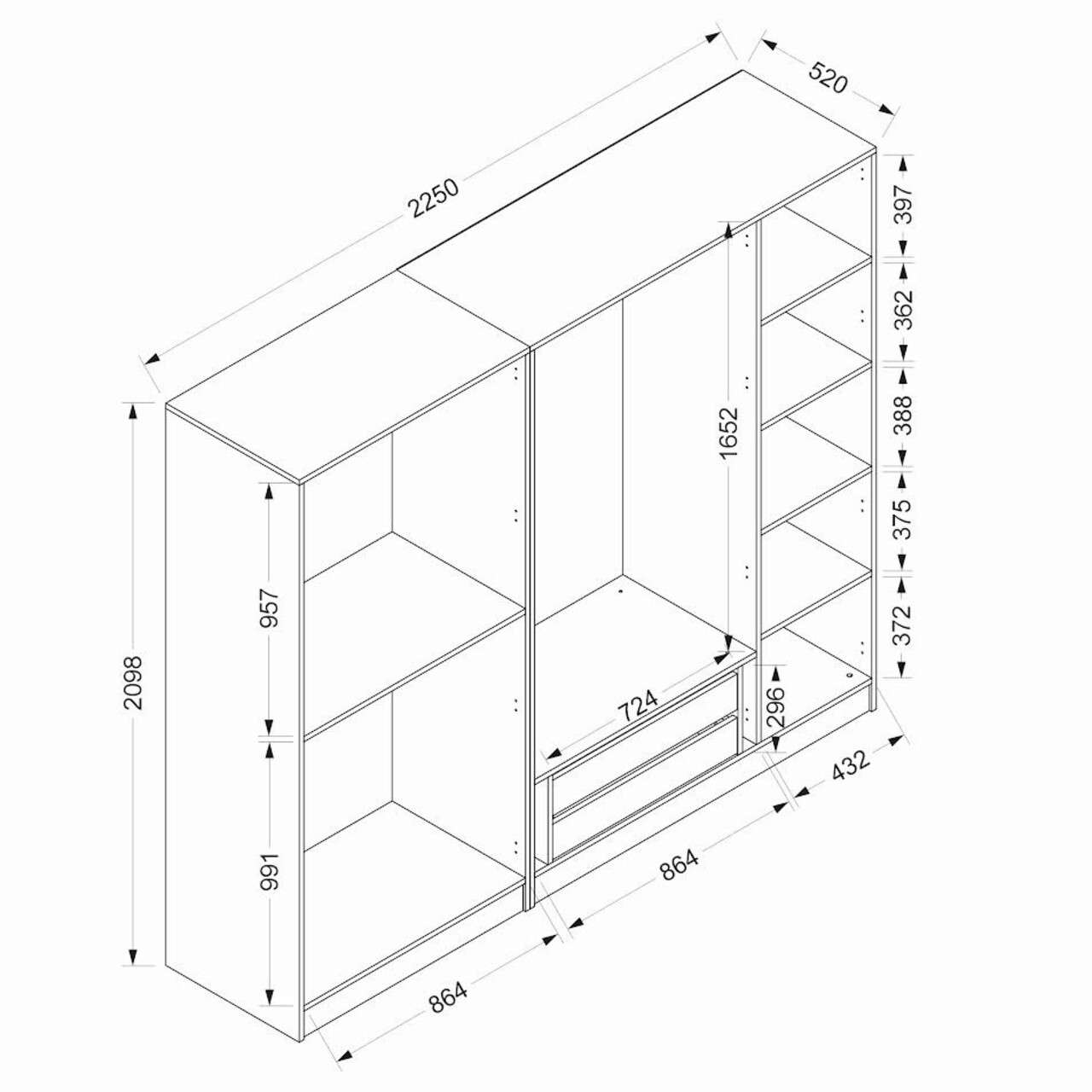 Dulap pentru haine, Minerva, Kale Plus, 225x210x52 cm, PAL, Fumuriu