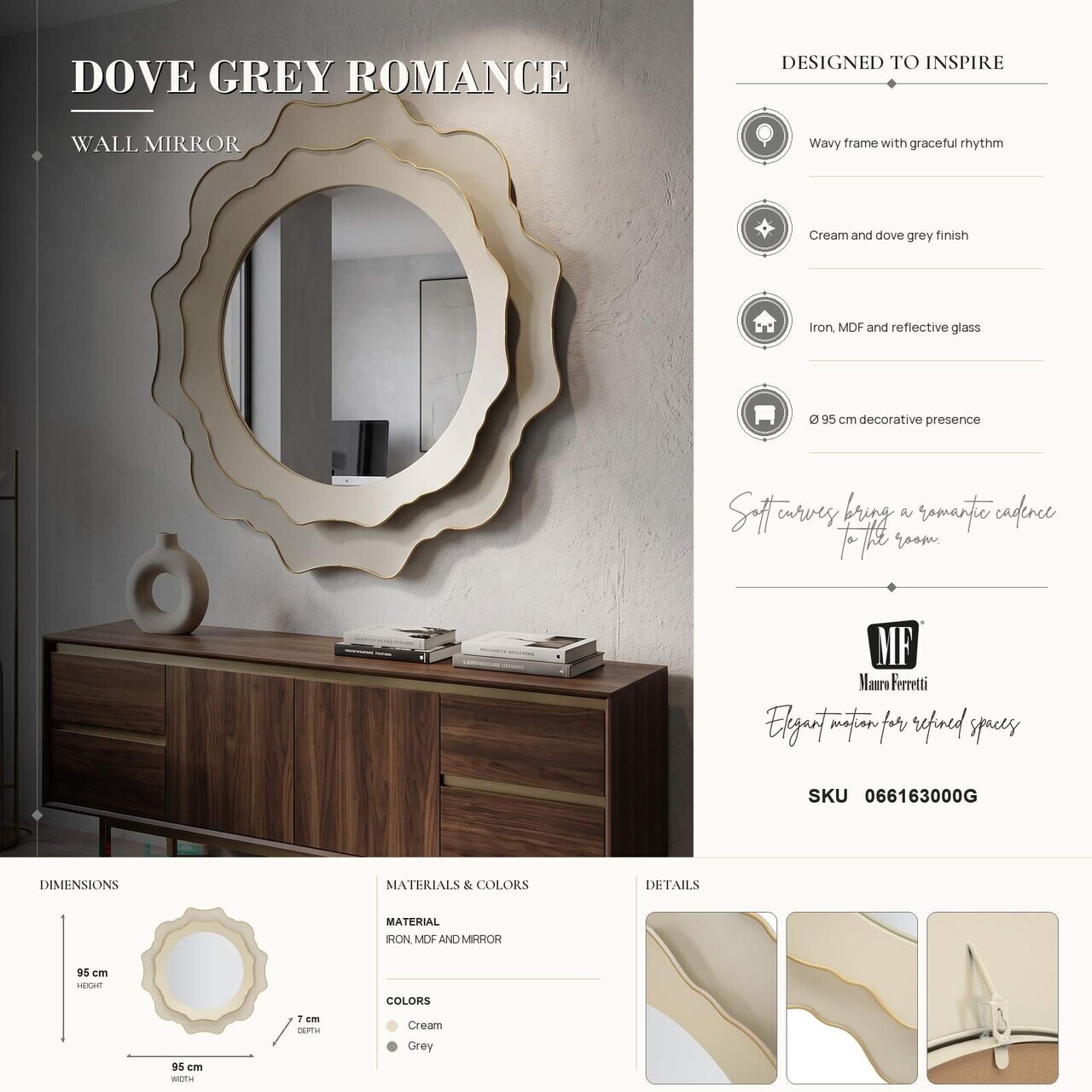 Oglinda de perete, Romantic Round, Mauro Ferretti, fier/MDF, 95x95 cm, crem/gri — imaginea 3