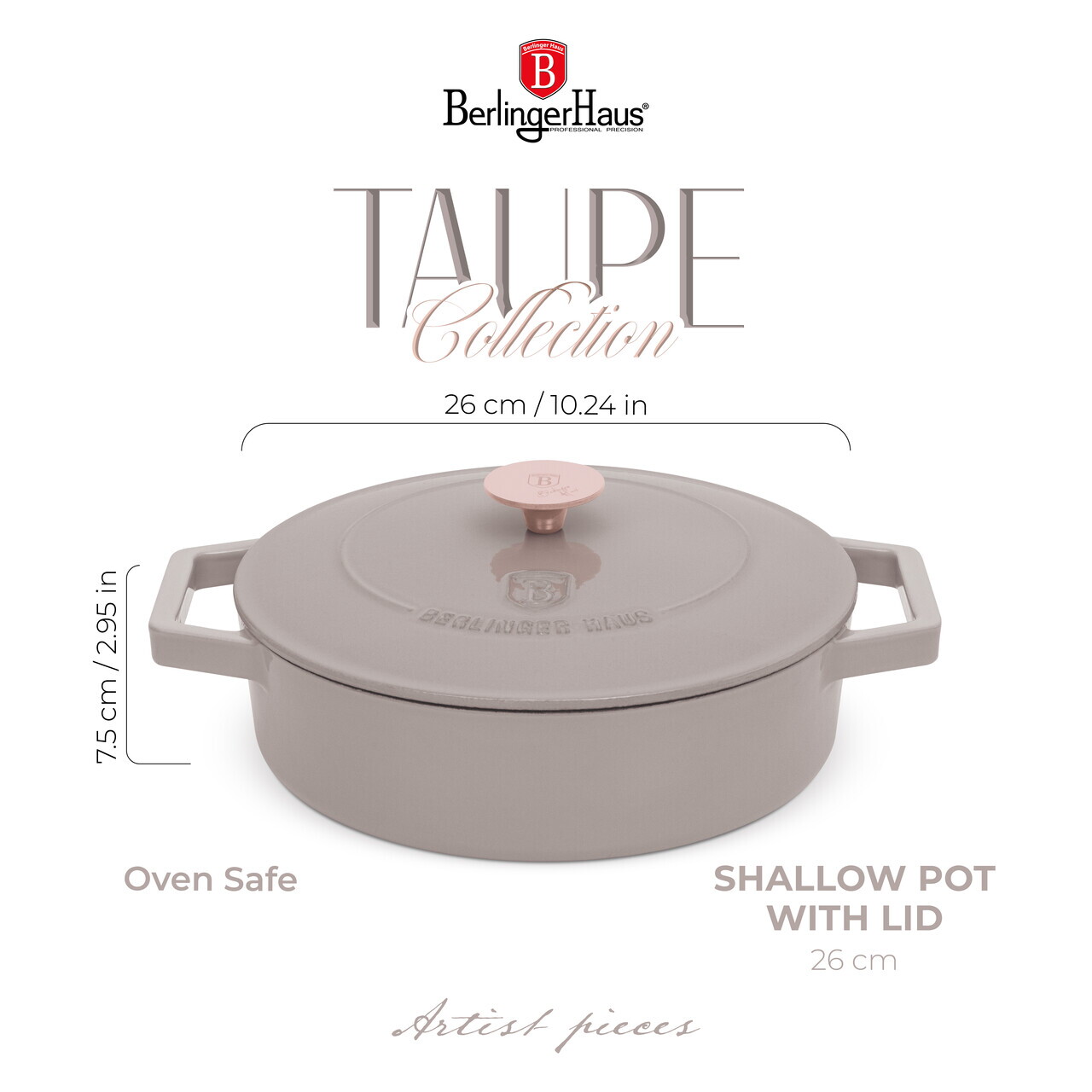 Oala cu capac Berlinger Haus, Taupe, 26 cm, 2.57 L, fonta, taupe - imagine 11