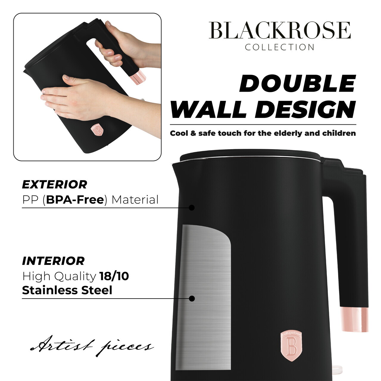 Ceainic electric cu pereti dubli Berlinger Haus, Black Rose, 1.7 L, plastic/inox, negru - imagine 11