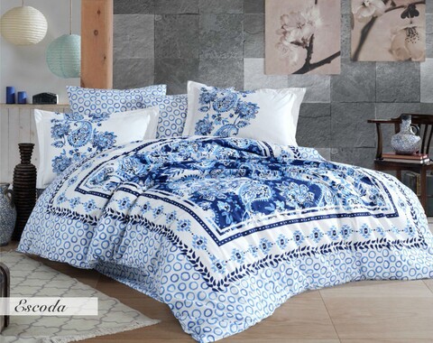 Lenjerie de pat dubla, 4 piese, 200x220 cm, 100% bumbac poplin, hobby, escoda, albastru inchis
