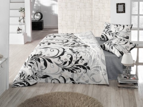 Lenjerie de pat dubla, 4 piese, amestec bumbac, Nazenin Home, Calina Grey, alb/gri
