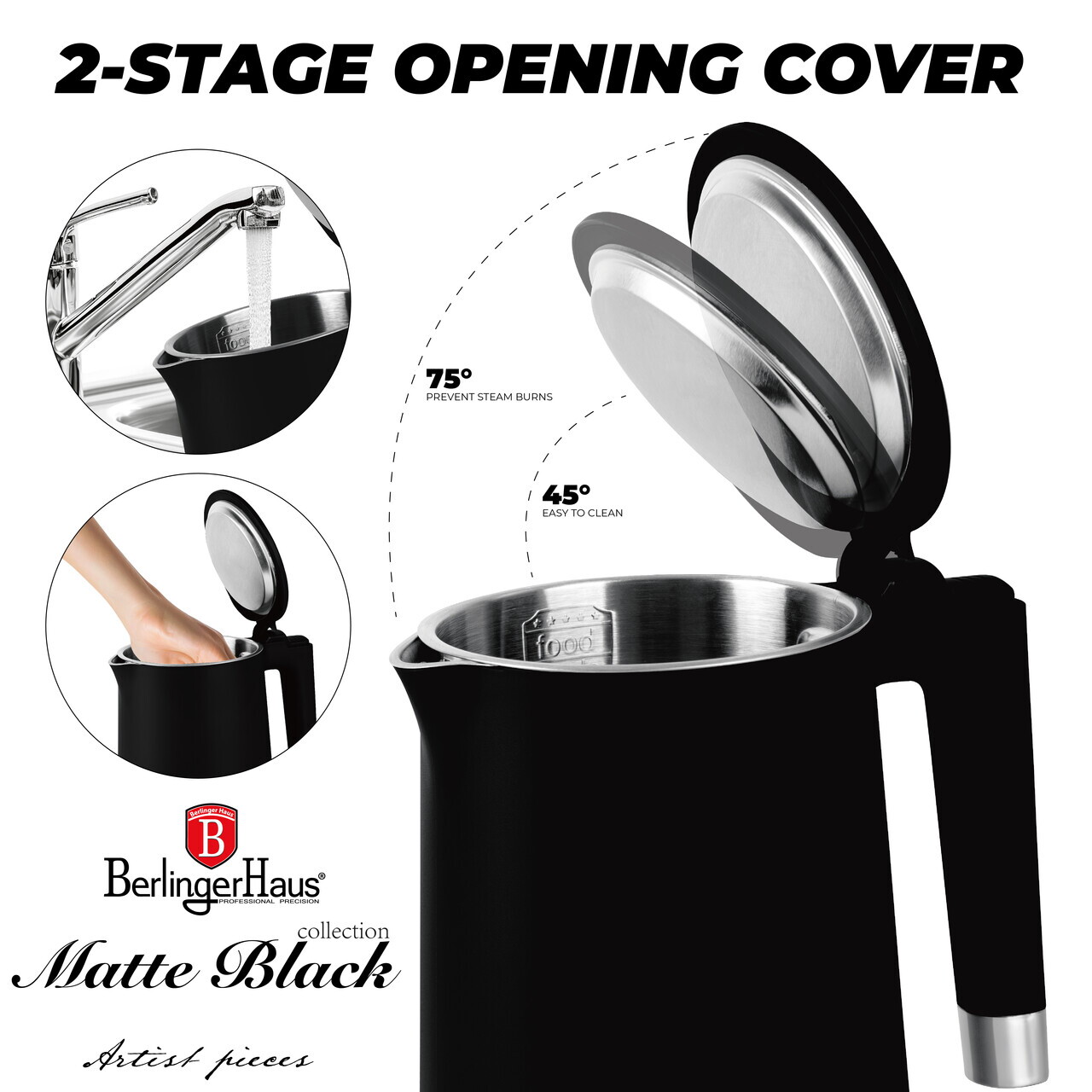 Ceainic electric cu pereti dubli Berlinger Haus, Matte Black, 1.7 L, plastic/inox, negru mat - imagine 11