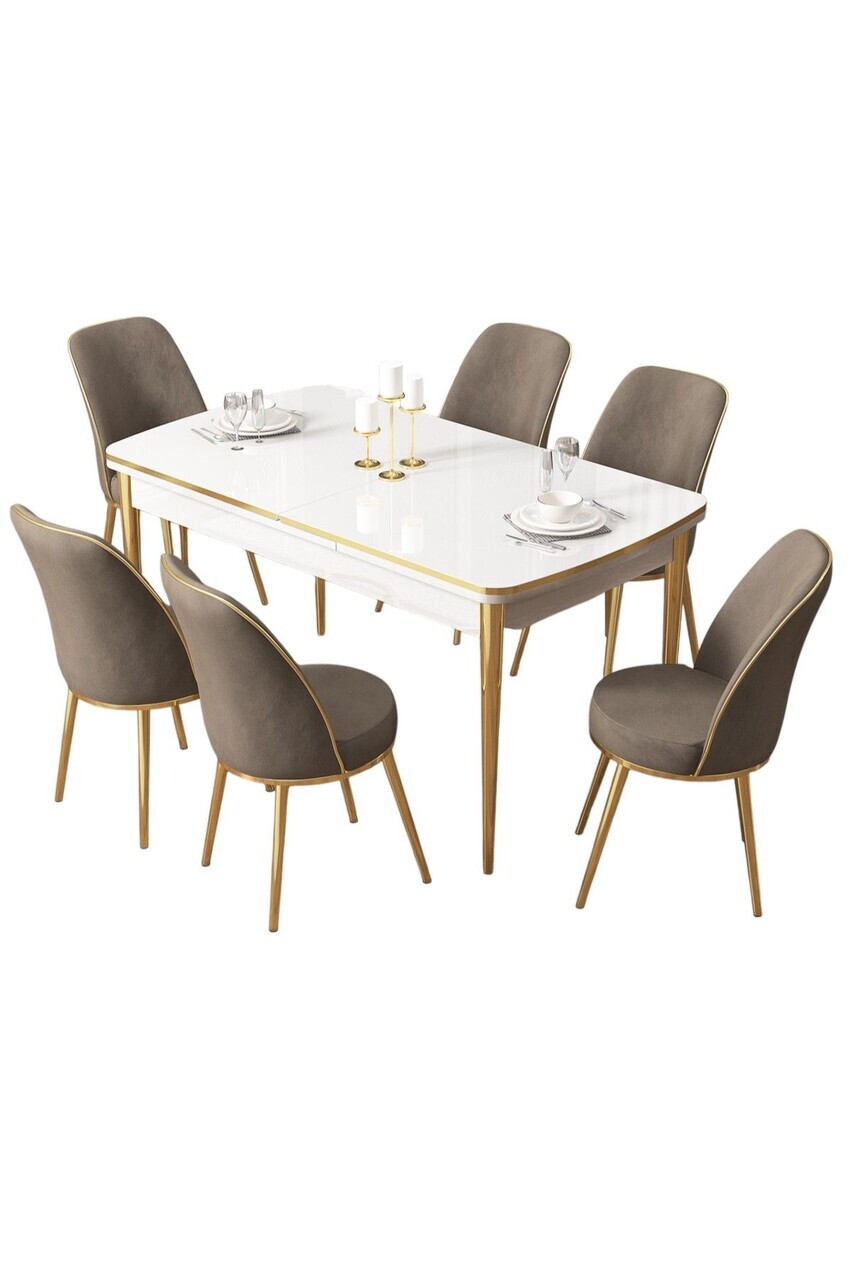Set masa extensibila si scaune (7 piese), Hanah Home, Pale, Alb / Auriu / Cappuccino — imaginea 2