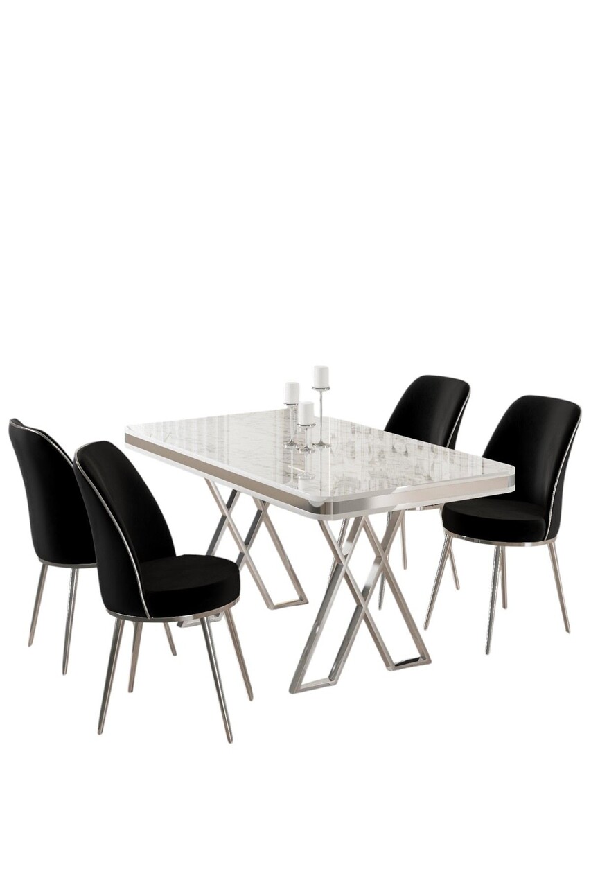 Set masă și scaune (5 bucăți), Hanah Home, Vals, Alb / Crom / Negru - imagine 2