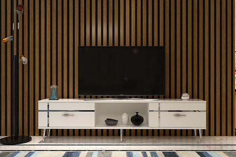 Comoda TV, Olivia, Line, Alb / Argintiu